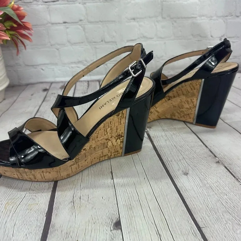 antonio melani SYDNIEE wedge sandals black patent cork look heel size 8.5